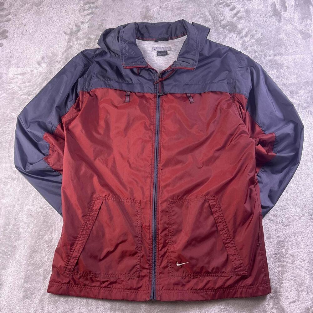 Vintage Y2K Nike Swoosh Waterproof Hooded Jacket Mens Large Red Gray Windbreaker